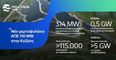 HELLENiQ ENERGY: Απόκτηση νέου χαρτοφυλακίου έργων ΑΠΕ 110 MW, στην Κοζάνη - 500 MW σε παραγωγική λειτουργία