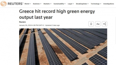 Ύμνοι του Reuters για το ρεκόρ παραγωγής ηλεκτρικής ενέργειας από ΑΠΕ το 2023 στην Ελλάδα